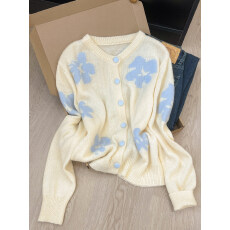 批发实拍~韩系穿搭杏色花朵针织开衫<b class='q'>外套女</b>春miu系外穿宽松上衣