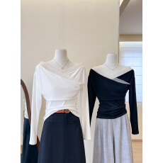 批发实拍~网纱拼接一字肩上衣女春季ootd穿搭长袖<b class='q'>T</b><b class='q'>恤</b>春韩系内搭打底