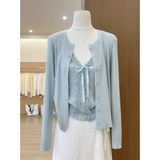 批发实拍~法式少女针织<b class='q'>两件套</b> 春夏薄款长袖开衫+花边<b class='q'>蕾丝</b>针织吊带