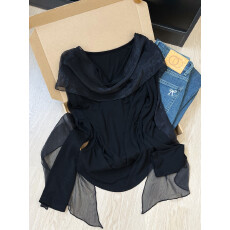 批发实拍~独特漂亮短款小衫内搭网纱长袖t恤女早春设计小众荡领上衣服