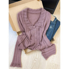 批发实拍~韩系紫色镂空翻领针织打底衫女早春绝美设计感内搭上衣