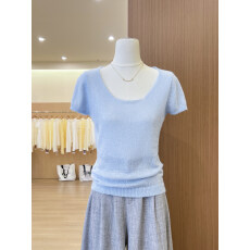 批发实拍~韩系chic紫色U领针织短袖T恤女夏季独特漂亮巨好看正肩上衣