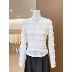 批发实拍~漂亮蕾丝拼接小衫白色拉链针织开衫女夏季洋气高贵防晒上衣