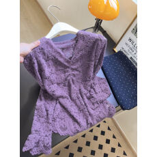 批发实拍~蕾丝花边v领镂空上衣服女装夏季独特漂亮黑色长袖T恤小衫