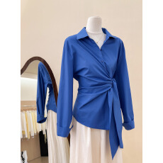 批发实拍~蓝色显白收腰绑带设计感翻领上衣春女装新款翻领洋派衬衫潮