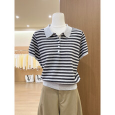 批发实拍~条纹翻领半开扣短袖<b class='q'>针织</b>衫女2026春夏新款宽松显瘦上衣