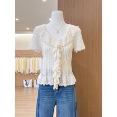 批发实拍~木耳边针织衫女新款夏季<b class='q'>修身</b>设计感短袖上衣