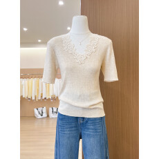 批发实拍~蕾丝法式通勤V领花边<b class='q'>中袖</b>针织衫2026春夏