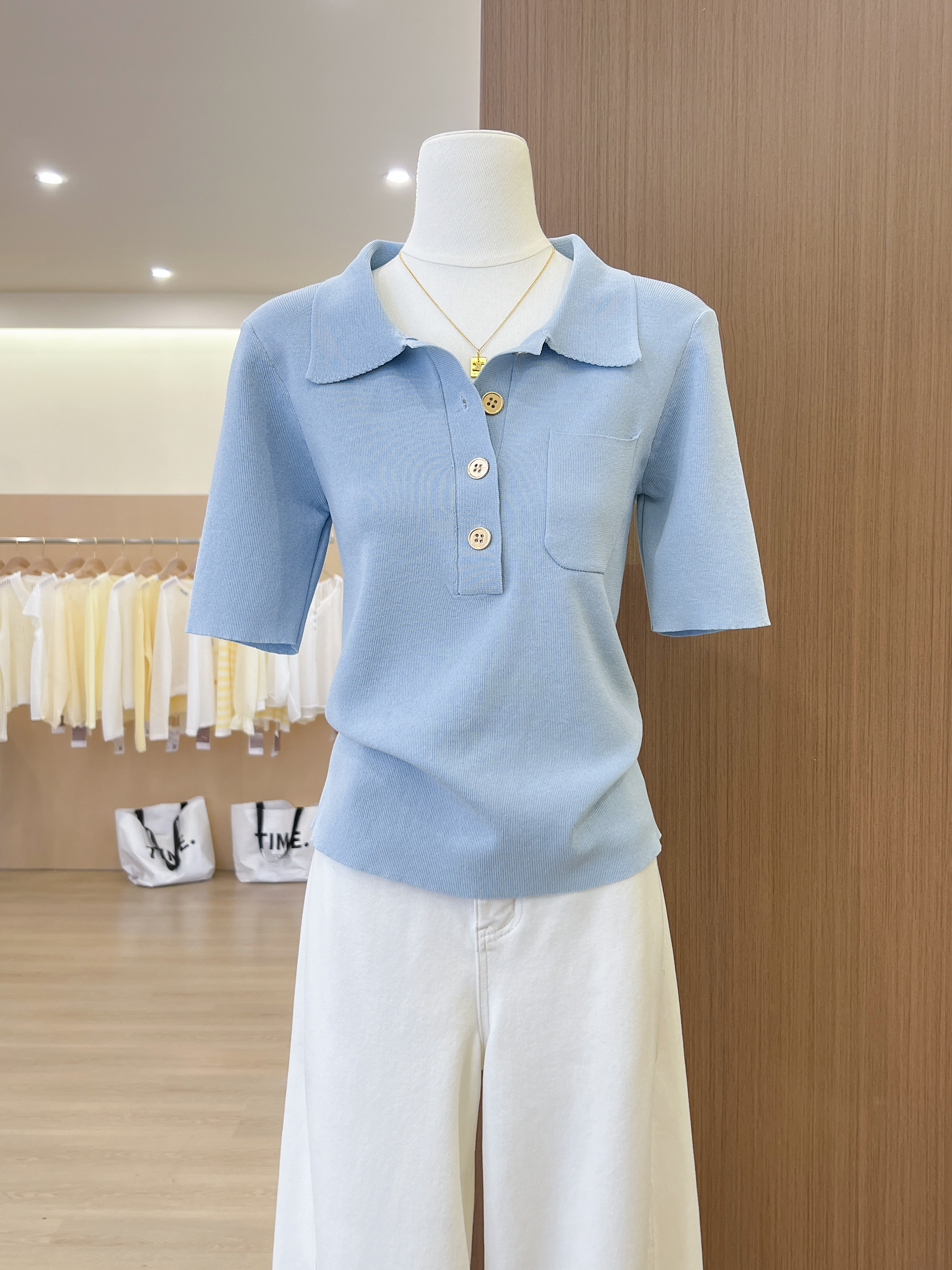 실사 프랑스식 POLO 칼라 파란색 니트 반팔 티셔츠 여성 여름 고급 센스 품격 몸매 가꾸기 슬림해 보이는 맨위