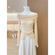 实拍~温柔风韩系穿搭一字领黄色针织衫女春夏露肩小上衣