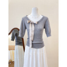 实拍~法式灰色U领蝴蝶结针织短袖T恤女夏季修身显瘦上衣