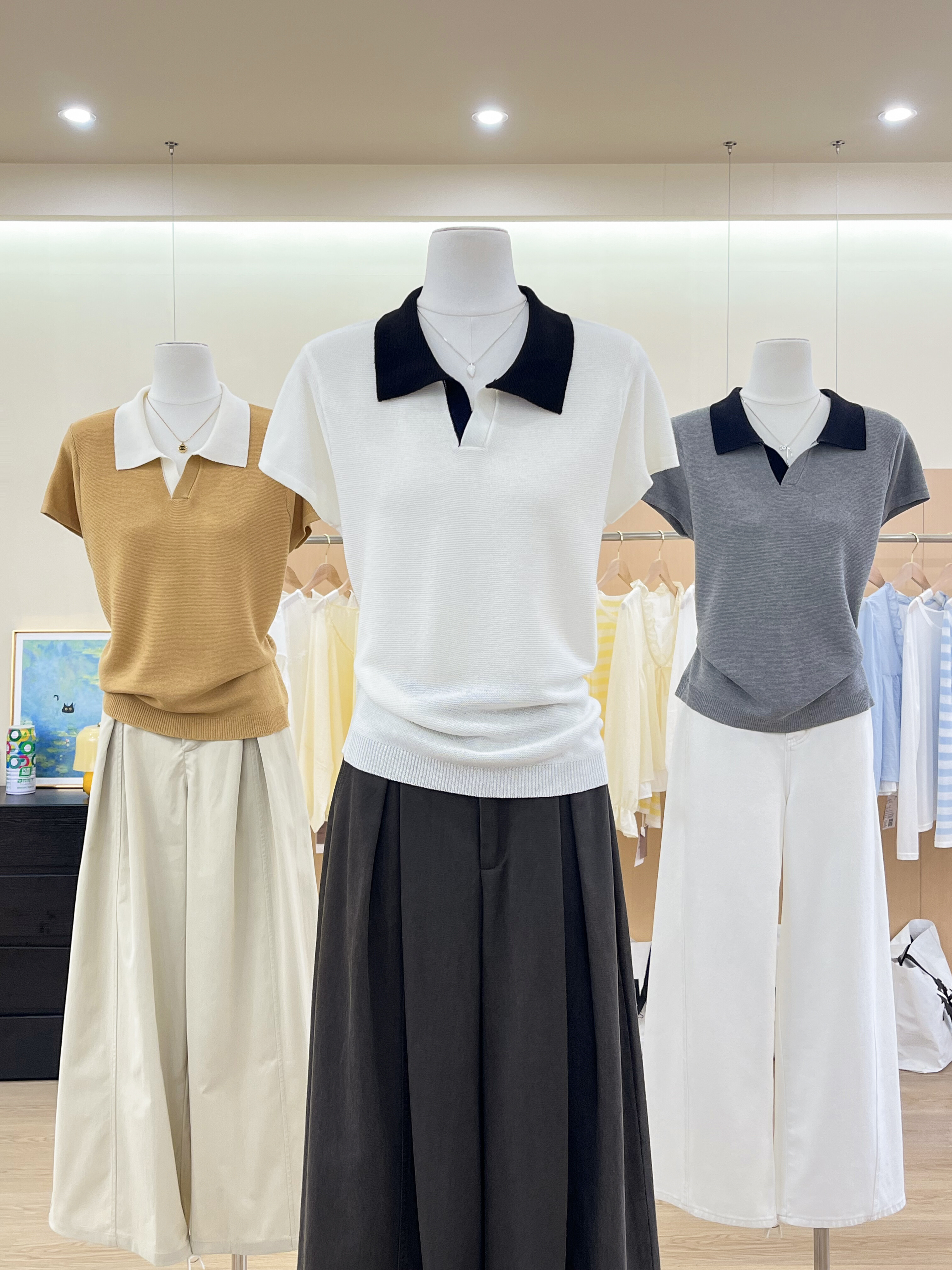 실사 한 부서 배색 패치워크 POLO 칼라 니트 반팔 티셔츠 여성 여름 품격 분위기 센스 긍정적 인 어깨 의류