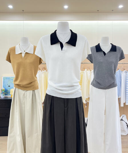 실사 한 부서 배색 패치워크 POLO 칼라 니트 반팔 티셔츠 여성 여름 품격 분위기 센스 긍정적 인 어깨 의류