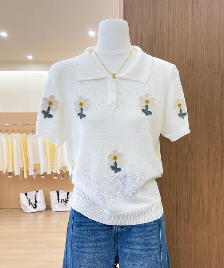 실사 무거운 작업 폴로 칼라 POLO 셔츠 화이트 3 차원 작은 꽃 자수 여름 반팔 니트 티셔츠 여성 의류