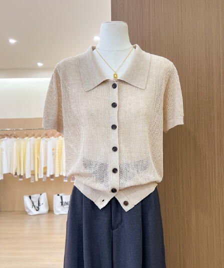 실사 오래된 돈 바람 POLO 칼라 긍정적 인 어깨 반팔 니트 오픈 가디건 여성 여름 외부 가져 가라. 홀로우 아웃 얇은 스타일 아니요 명중 섹션 맨위