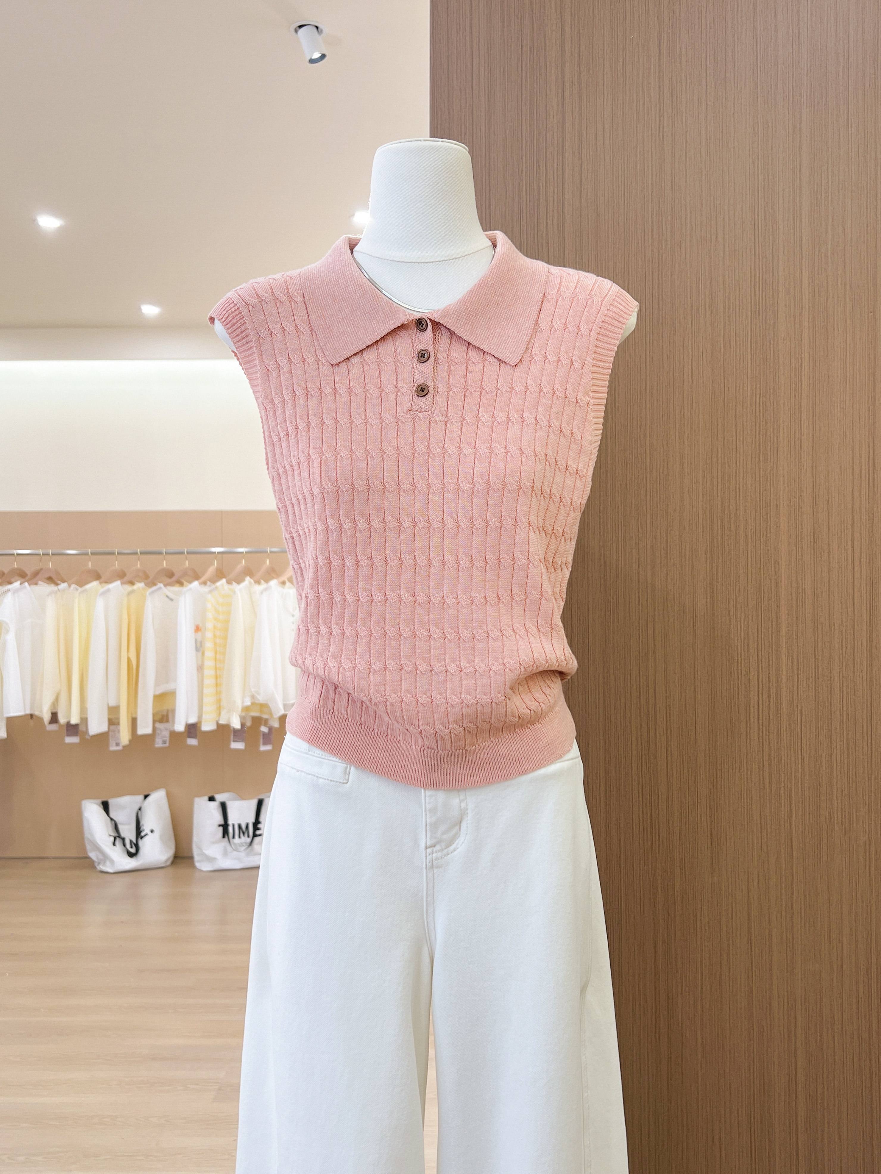 실사 한 부서 웨스트 포 멜로 분말 POLO 칼라 니트 반팔 티셔츠 여성 여름 고급 센스 품격 폴로 칼라 민소매 맨위