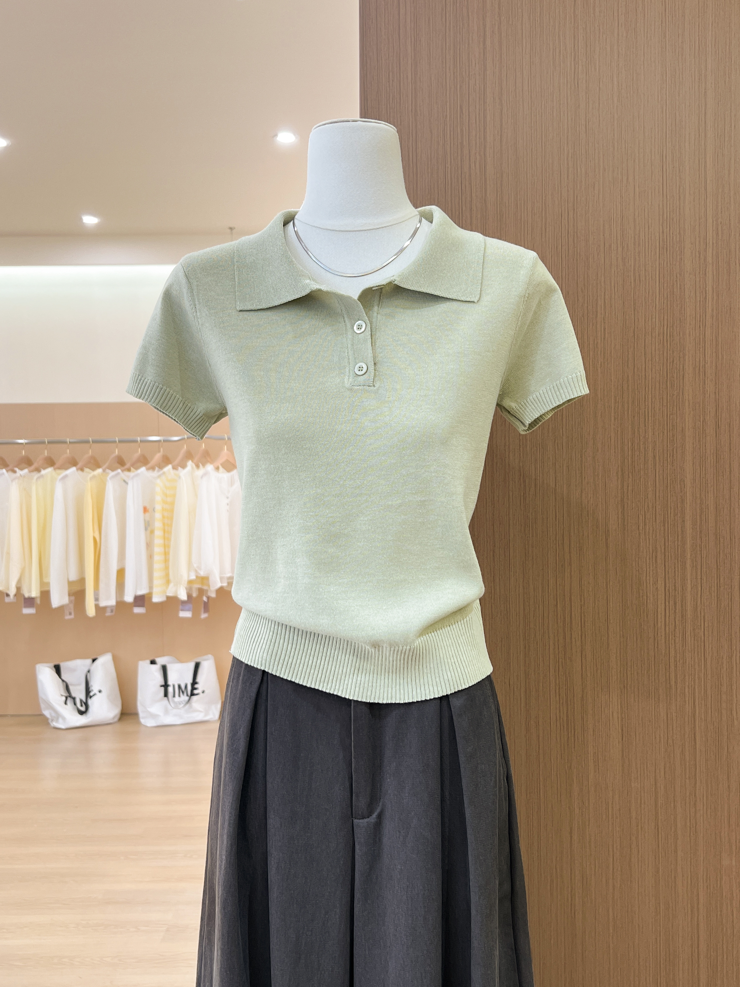 실사 한 부서 착용 가져 가라. POLO 칼라 반팔 니트 티셔츠 여성 여름 몸매 가꾸기 슬림해 보이는 품격 긍정적 인 어깨 의류