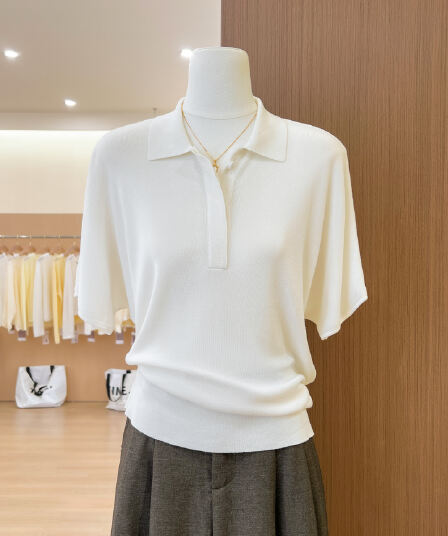 실사 화이트 POLO 칼라 니트 반팔 티셔츠 여성 여름 새로운 패션 미니멀리즘 루즈핏 허리 수축 맨위