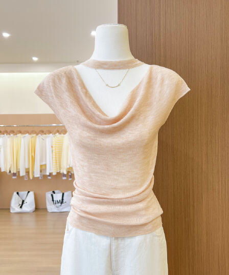 실사 얕은 분말 행침 목 흔들다 칼라 작은 날다 소매 니트 티셔츠 여성 측면 펌프 Pleat 몸매 가꾸기 부드러운 도루 센스 맨위