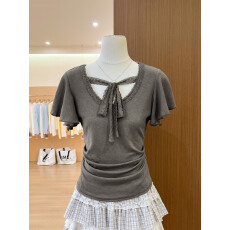 批发实拍~法式蕾丝拼接系带短袖<b class='q'>T</b><b class='q'>恤</b>女夏季设计感独特漂亮上衣