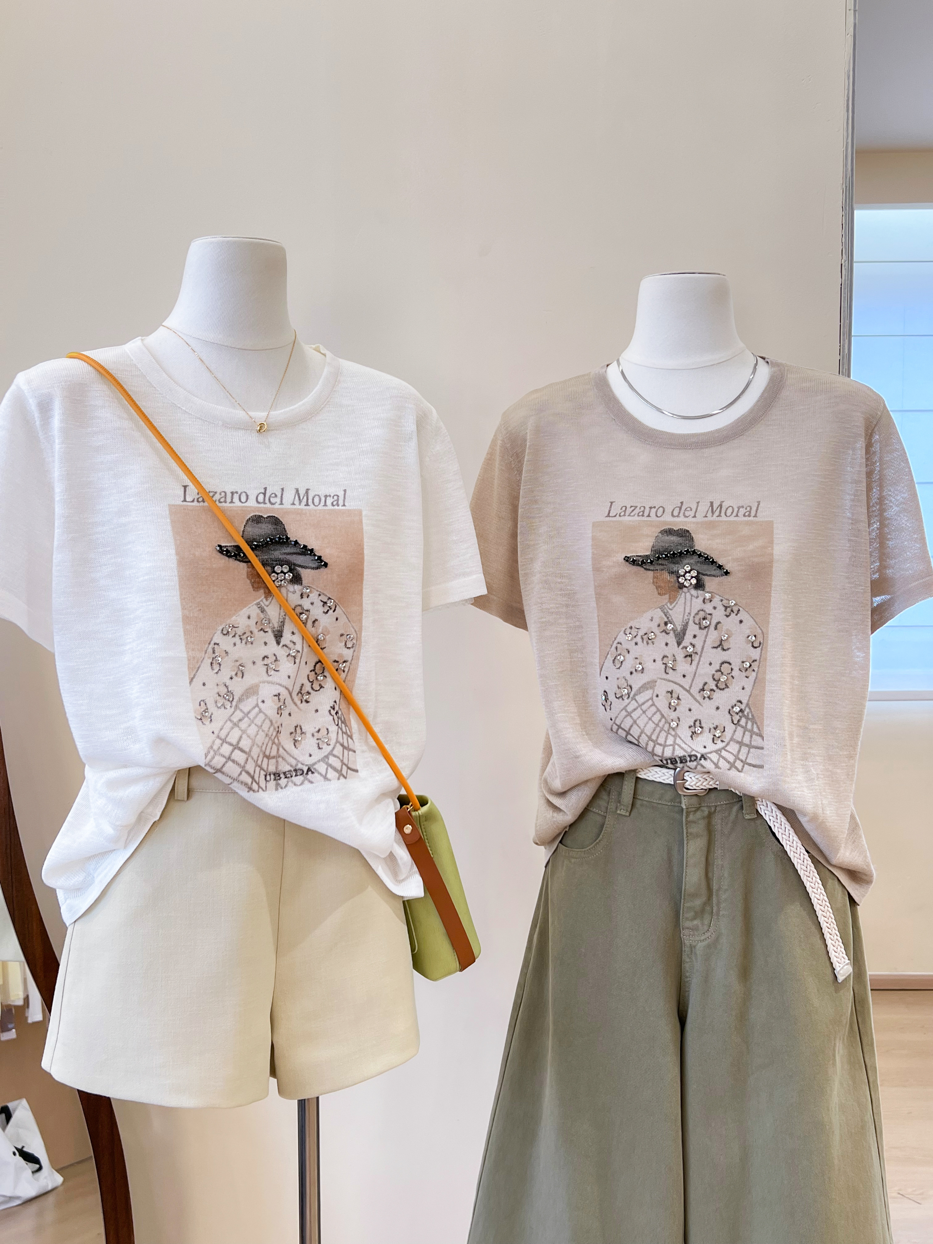 卡其色印花烫钻针织短袖t恤女夏韩系慵懒松弛感宽松薄款上衣  服裝批發女裝批發服飾貨源