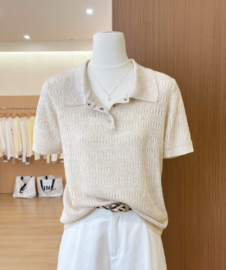 실사 홀로우 아웃 폴로 칼라 니트 반팔 티셔츠 여성 여름 몸매 가꾸기 슬림해 보이는 품격 POLO 셔츠 긍정적 인 어깨 의류 얇은