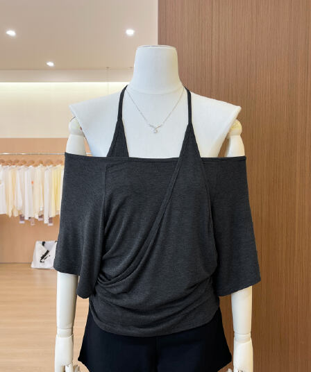 실사 회색 페이크 레이어드 오프숄더 행침 목 반팔 여성 여름 핀치 Pleat 허리 수축 슬림해 보이는 배트윙 소매 맨위 트렌디