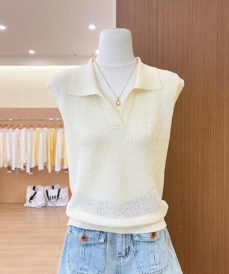 실사 POLO 칼라 홀로우 아웃 조끼 티셔츠 여성 여름 오래된 돈 바람 느긋한 루즈핏 미니멀리즘 어깨 V넥 민소매 맨위