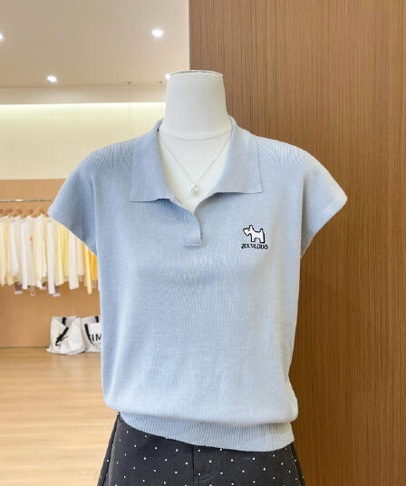 실사 한국 스타일 polo 폴로 칼라 니트 스웨터 여성용 짧은 소매 여름 외국 가스 강아지 자수 얼음 실크 티셔츠 항구 바람 맨위