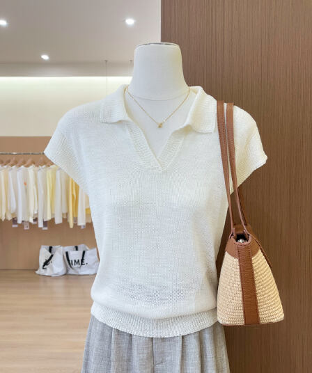 실사 한 부서 미니멀리즘 POLO 칼라 니트 조끼 여성 여름 몸매 가꾸기 슬림해 보이는 패션 어깨 맨위
