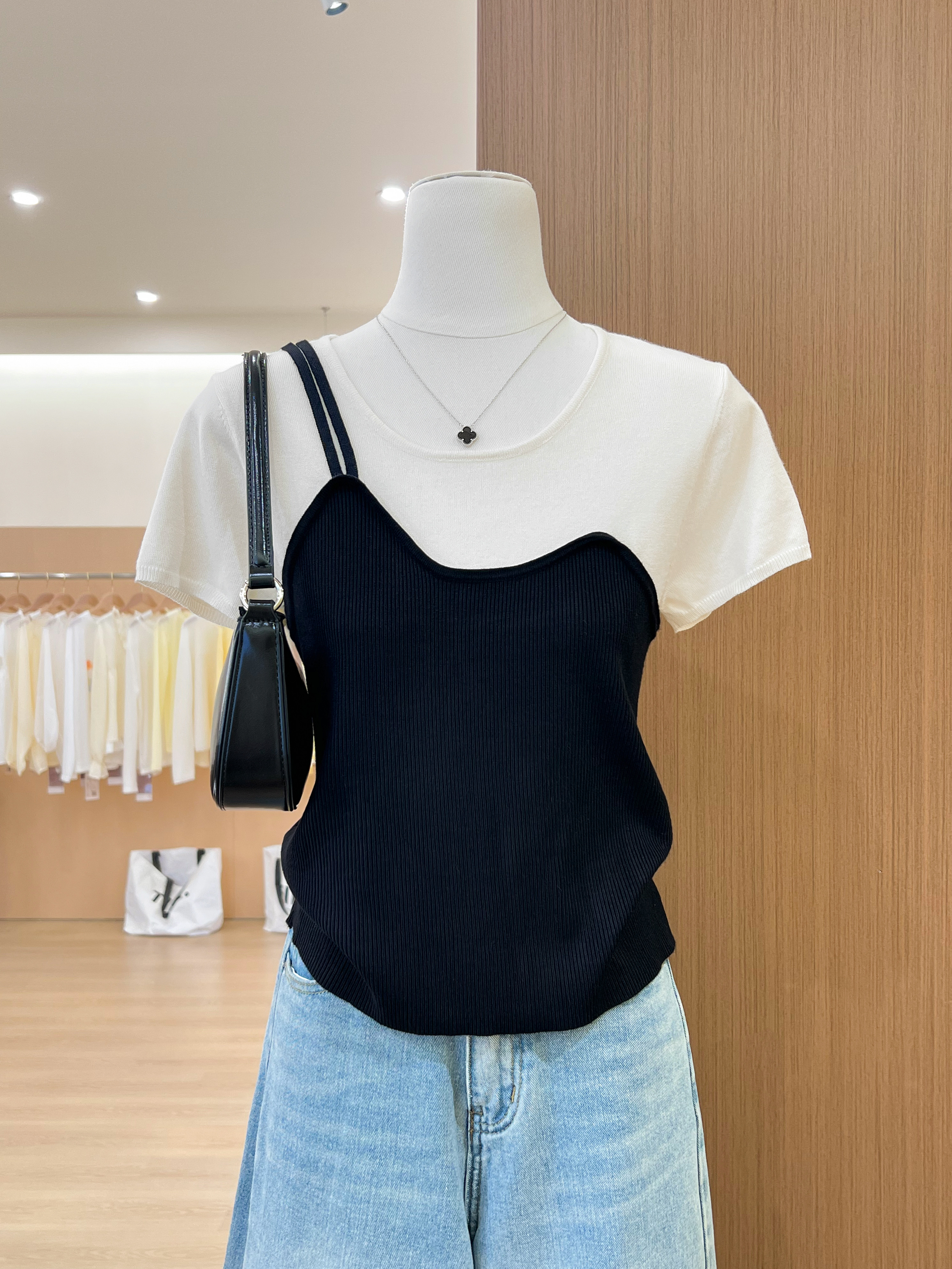 夏季洋气拼接假两件单肩双吊带式针织衫女小个子上衣  服裝批發女裝批發服飾貨源