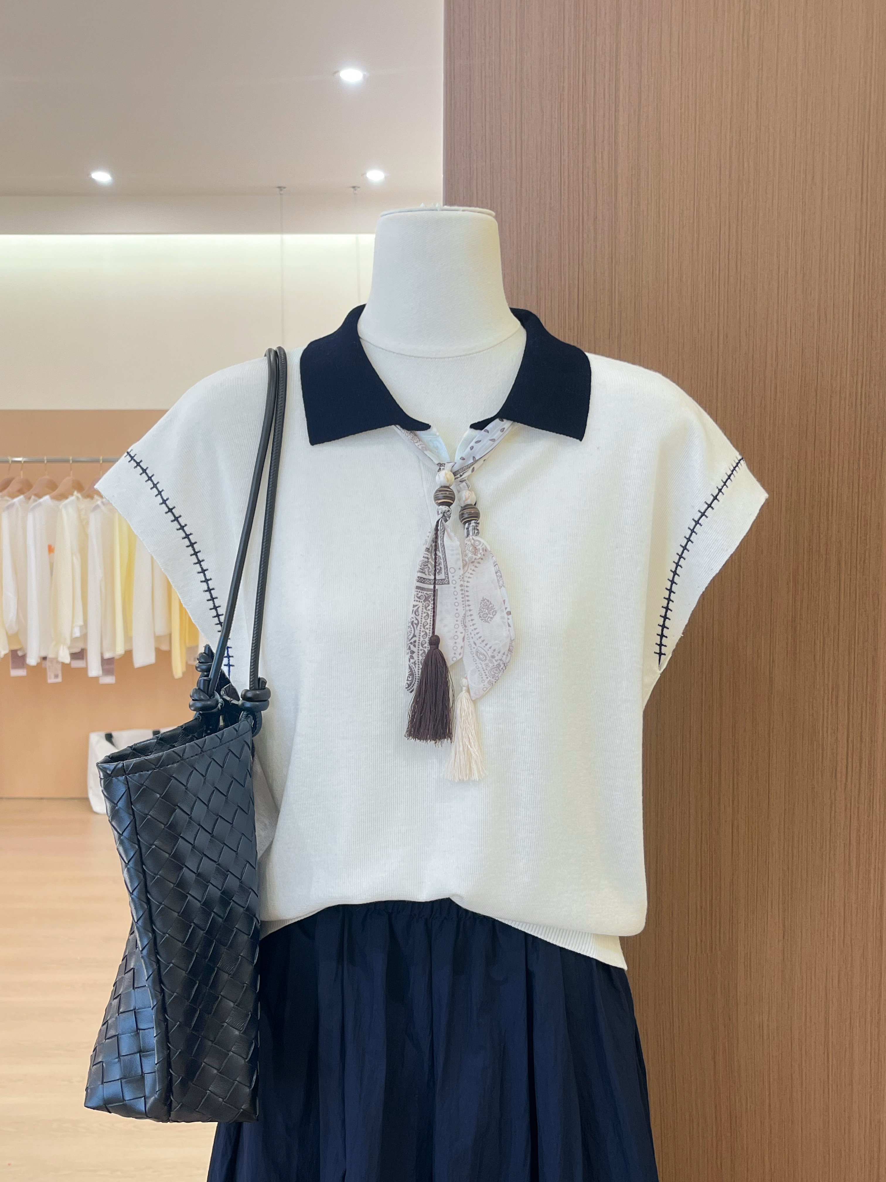 韩系撞色丝巾翻领针织短袖女夏季独特漂亮薄款针织衫上衣 服裝批發女裝批發服飾貨源