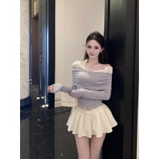 批发实拍实价  假两件一字肩打底衫女内搭露肩短款长袖T恤针织上衣