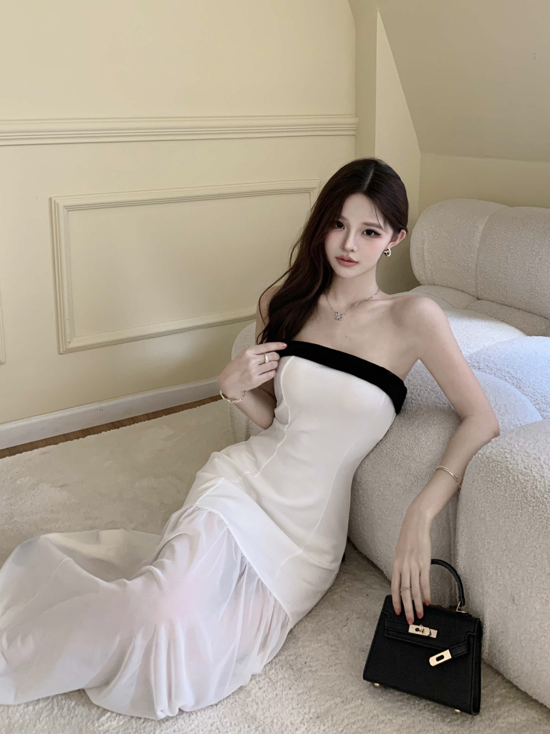 실사 정가 민소매 튜브탑 치마 작은 샤넬 스타일 드레스 길다 치마