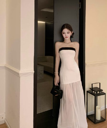 실사 정가 민소매 튜브탑 치마 작은 샤넬 스타일 드레스 길다 치마