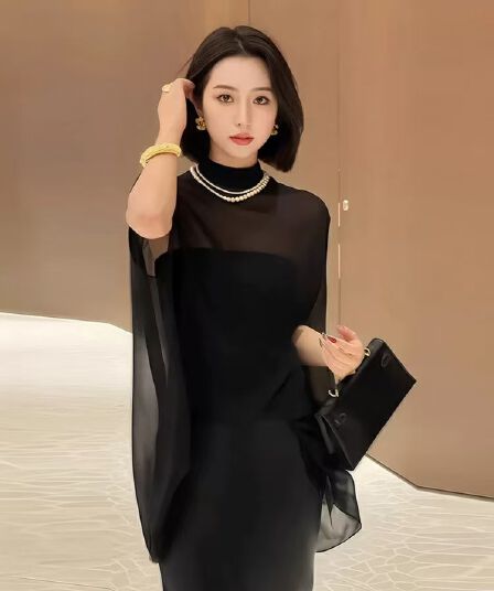 검정색 마이크로 ~을 통해 자외선 차단 민소매 블라우스 여성 여름 유럽 상품 스탠드 칼라 망사 박쥐 셔츠 중간 길이 풀오버 숄 맨위