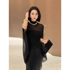 批发黑色微透防晒无袖罩衫女夏欧货立领网纱<b class='q'>蝙蝠衫</b>中长款套头披肩上衣