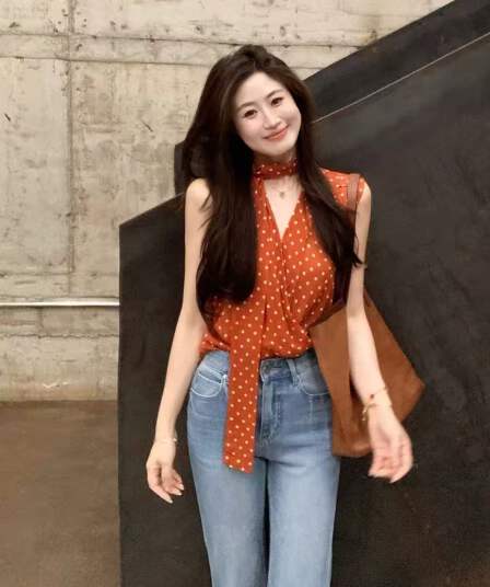 echoone 한여름 밤 도트 무늬 리본 셔츠 여성 의류 품격 다용도 루즈핏 연령 감소 민소매 셔츠 맨위