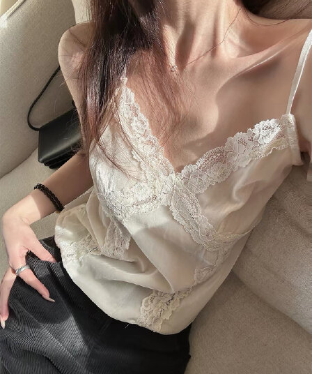here yaya shop 실크 부드러운 분위기 센스 스택 착용 인사이드 가져 가라. 레이스 벨벳 질감 작은 조끼
