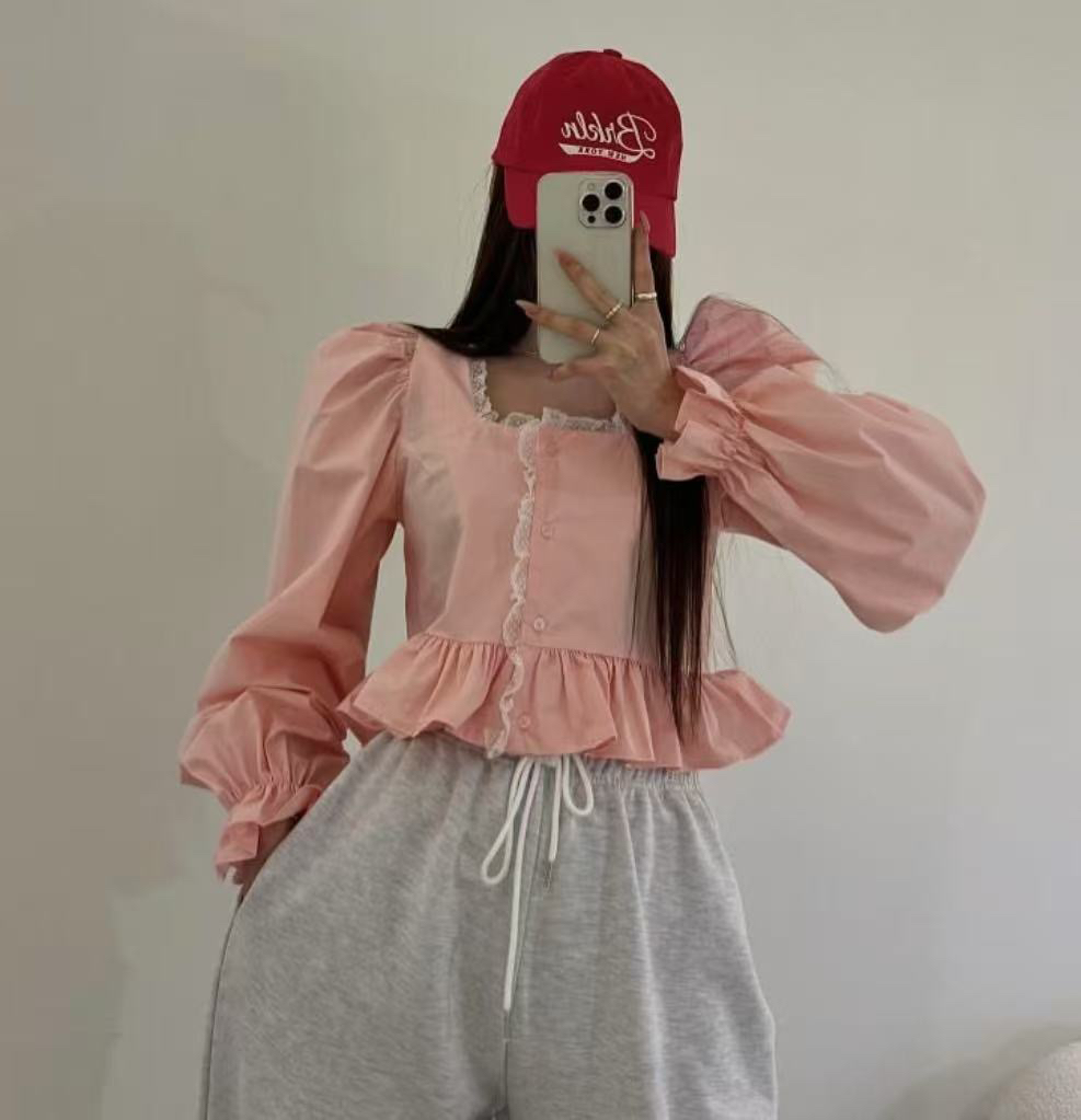 지금 이른 봄 레이스 패치워크 연령 감소 광장 칼라 셔츠
