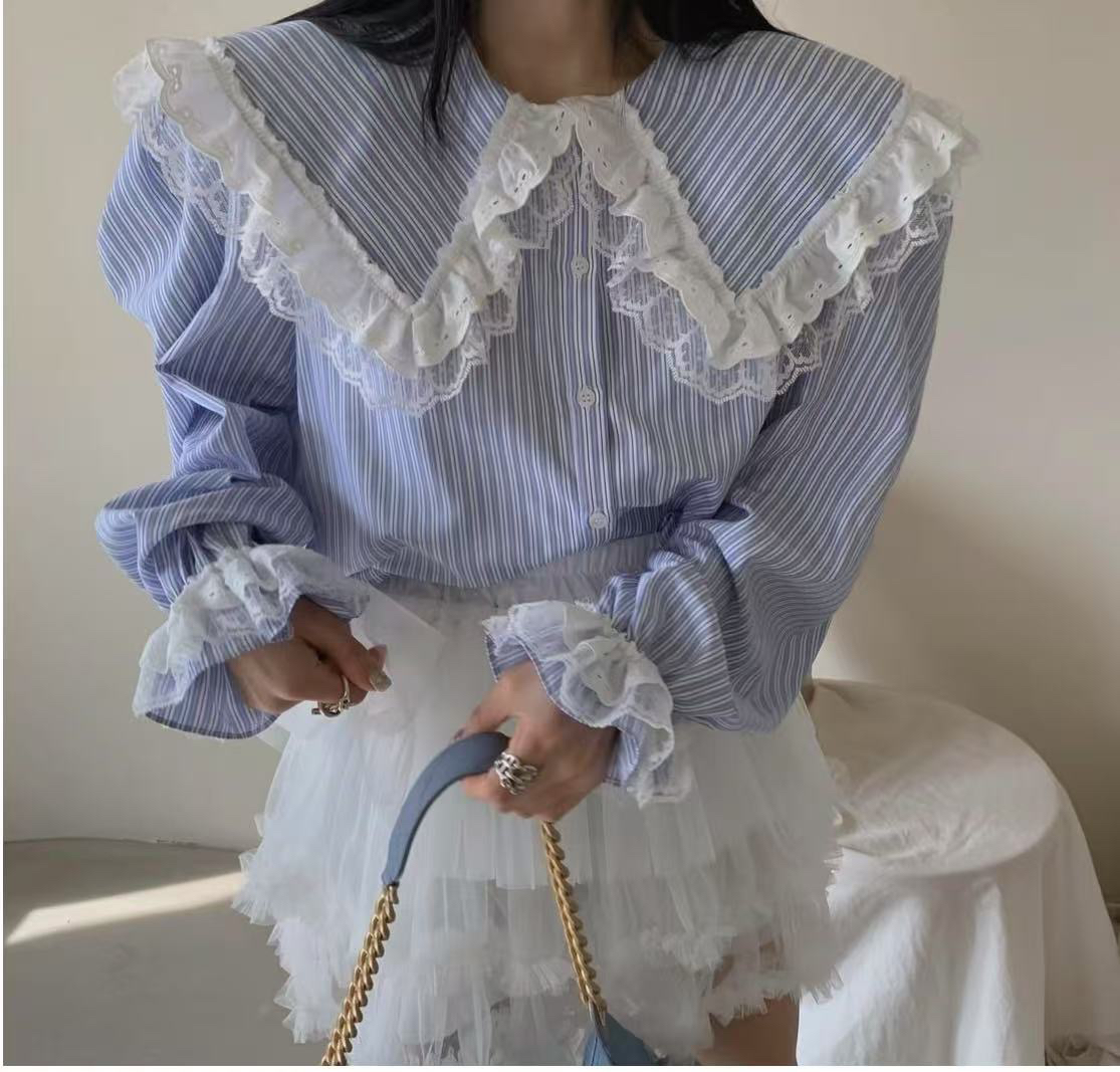 지금 이른 봄 연령 감소 베이비 칼라 레이스 패치워크 품격 셔츠