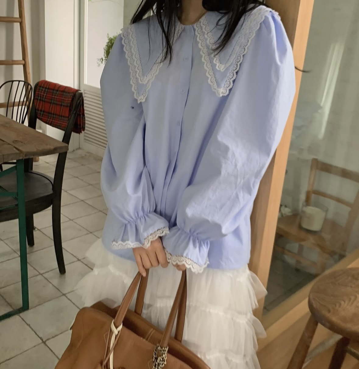 지금 작은 청신 레이스 패치워크 루즈핏 다용도 셔츠