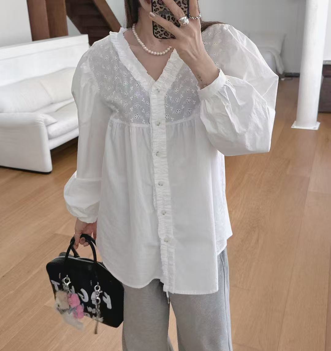 작은 대중 봄 레이스 조각 품격 셔츠