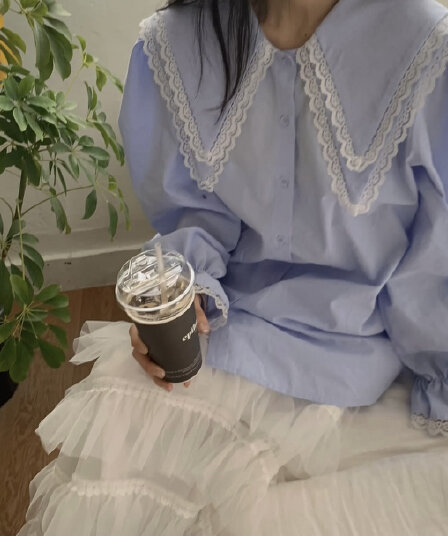재고 있음 연령 감소 베이비 칼라 레이스 패치워크 셔츠