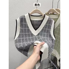 批发绵羊绒拼色V领针织马甲女春秋新款宽松外搭叠穿无袖毛衣背心马夹
