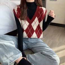 批发2025新款<b class='q'>日系</b>学院风复古菱形格子宽松慵懒风V领毛衣马甲背心马夹