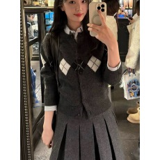批发复古学院风菱格提花纹针织开衫女秋冬小个子<b class='q'>韩版</b>灰色毛衣外套上衣