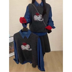 批发韩系减龄俏皮小象卡通图案圆领针织马甲女秋冬叠穿高级感灰色背心