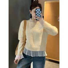 批发韩系洋气蕾丝花边拼接钉珠针织衫女秋冬新款高级感<b class='q'>毛衣</b><b class='q'>荷叶边</b>上衣