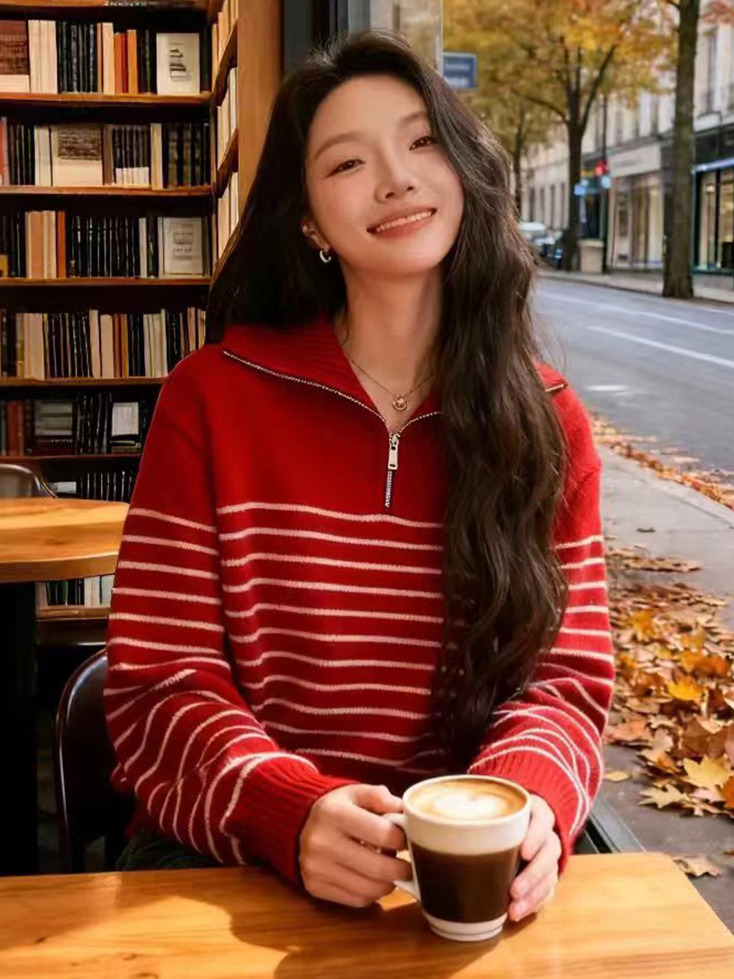 캐주얼 바람 하프 지퍼 스트라이프 스웨터 여성 겨울 루즈핏 신년 빨간색 보온 니트 기본 셔츠 빛 럭셔리 연령 감소 맨위